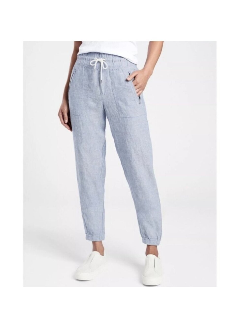 Athleta Cabo Linen Jogger Pants Blue size 0 Summer breeze chambray